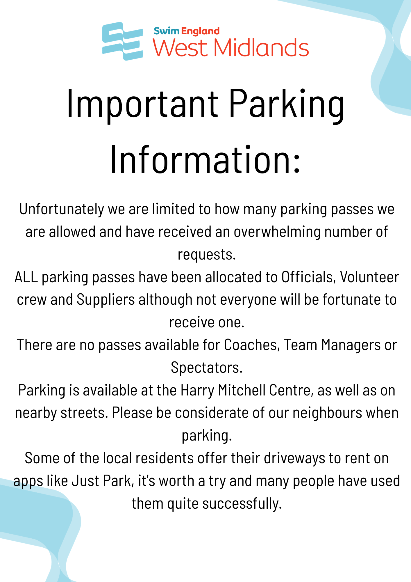 Swim England West Midlands Summer Championships 2026 – Parking