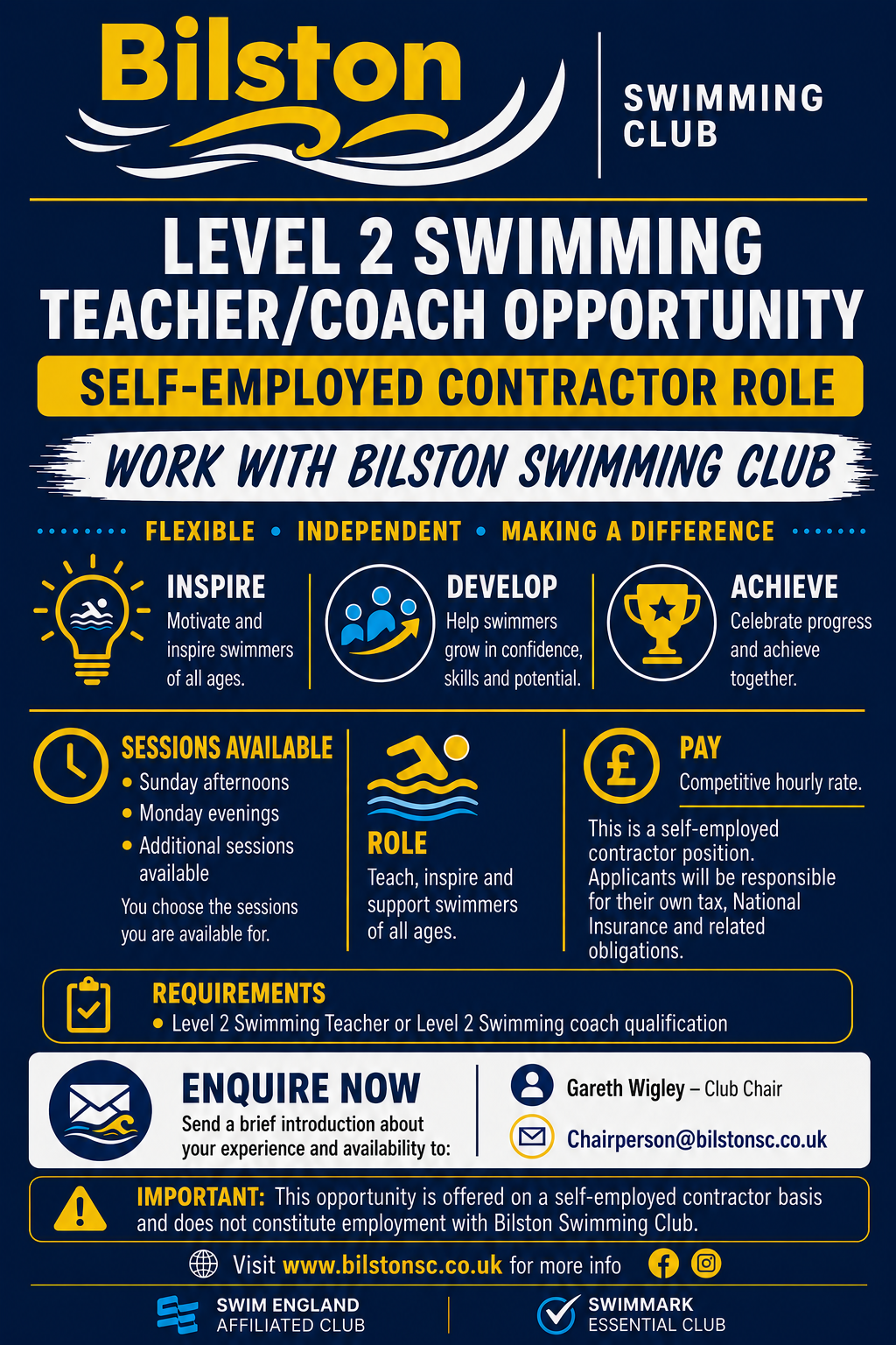 Bilston Level 2 Swimming Teacher/Coach Vacancy